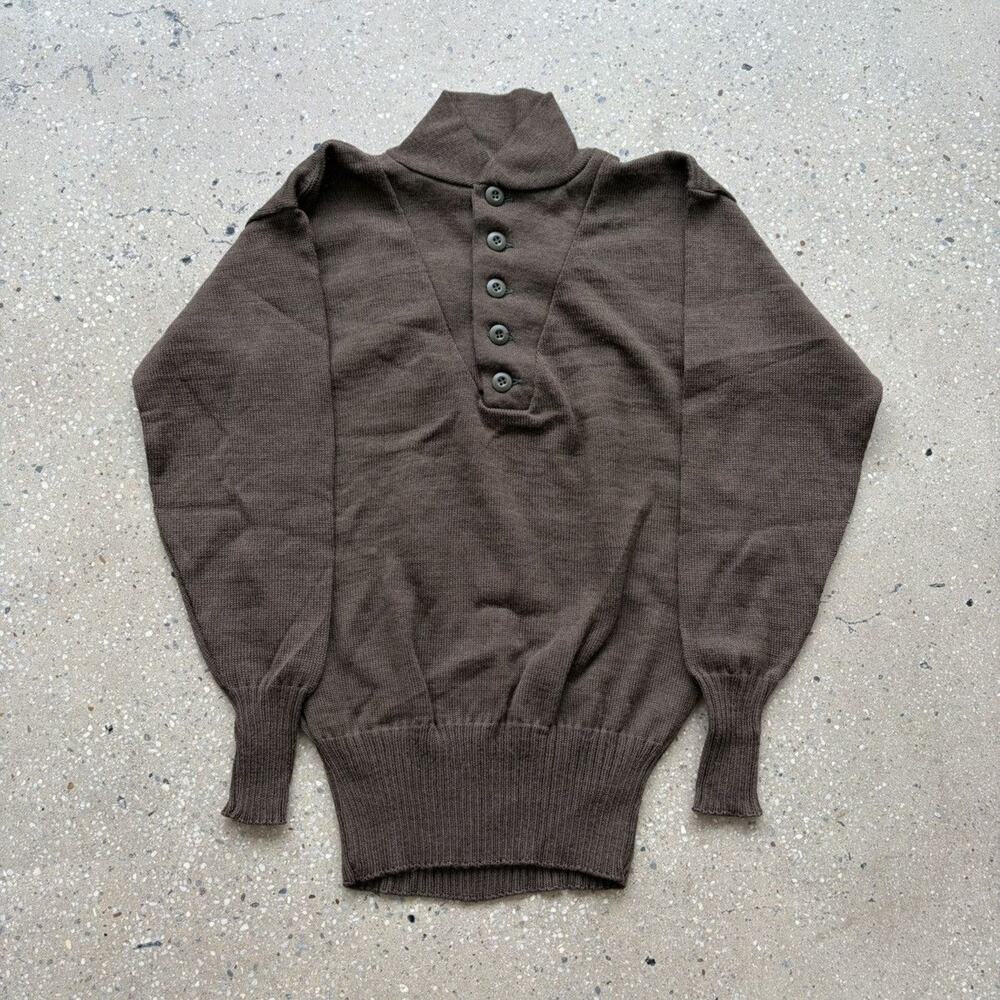 Vintage 80s US Army Green Military Wool Henley Sweater